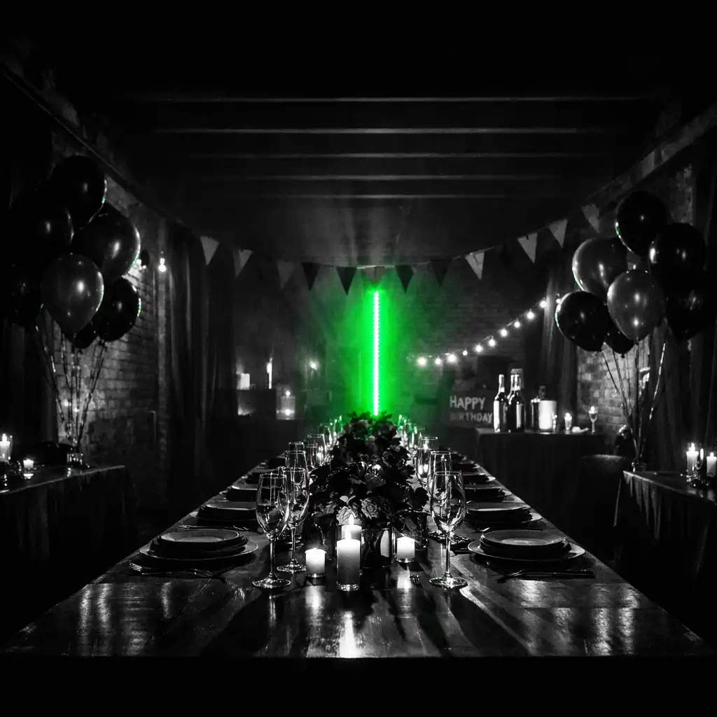 Elegáns születésnapi asztal neon fényekkel és ipari loft hangulattal