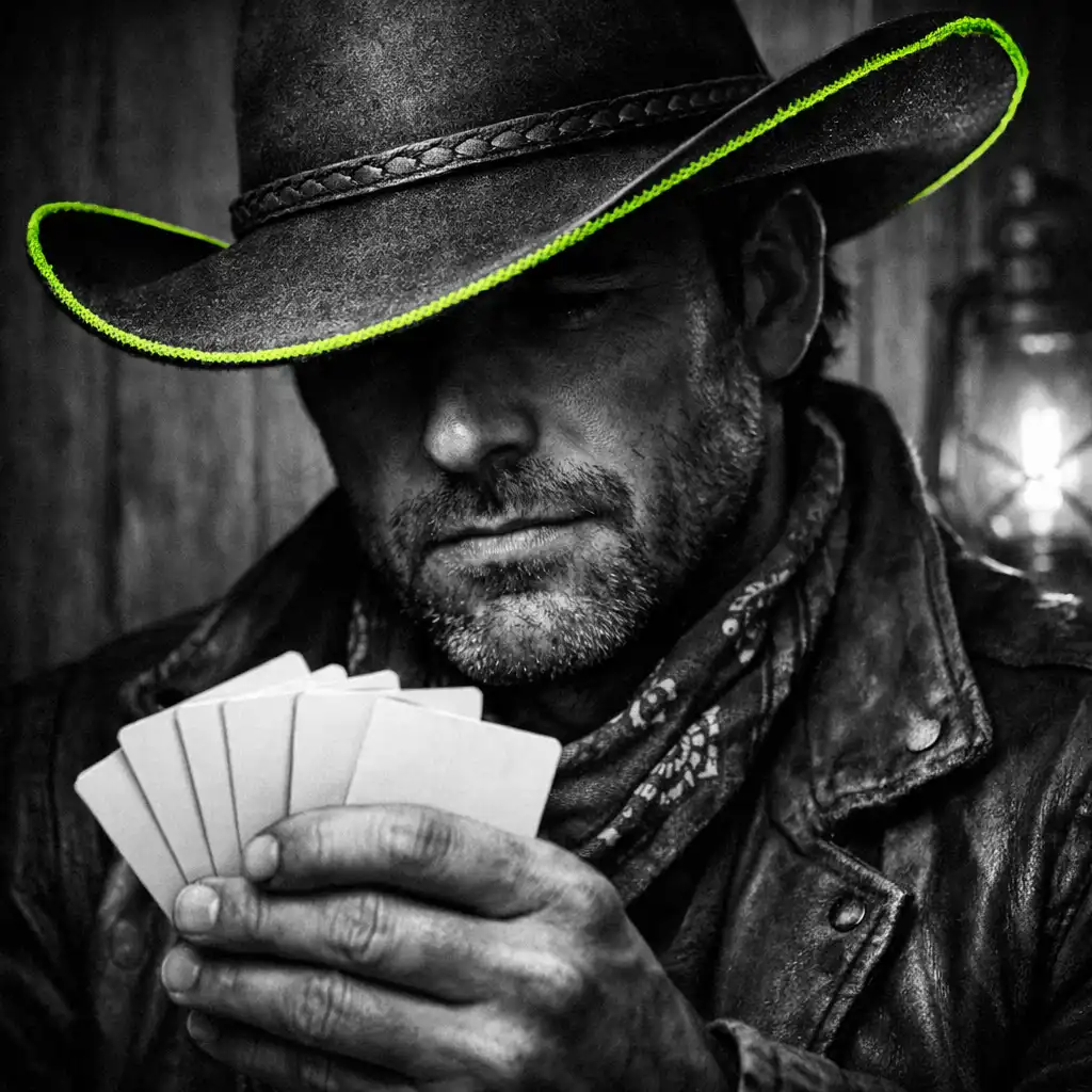 Western témájú pókerest részlete: férfi cowboykalapban kártyákkal, háttérben fa fal