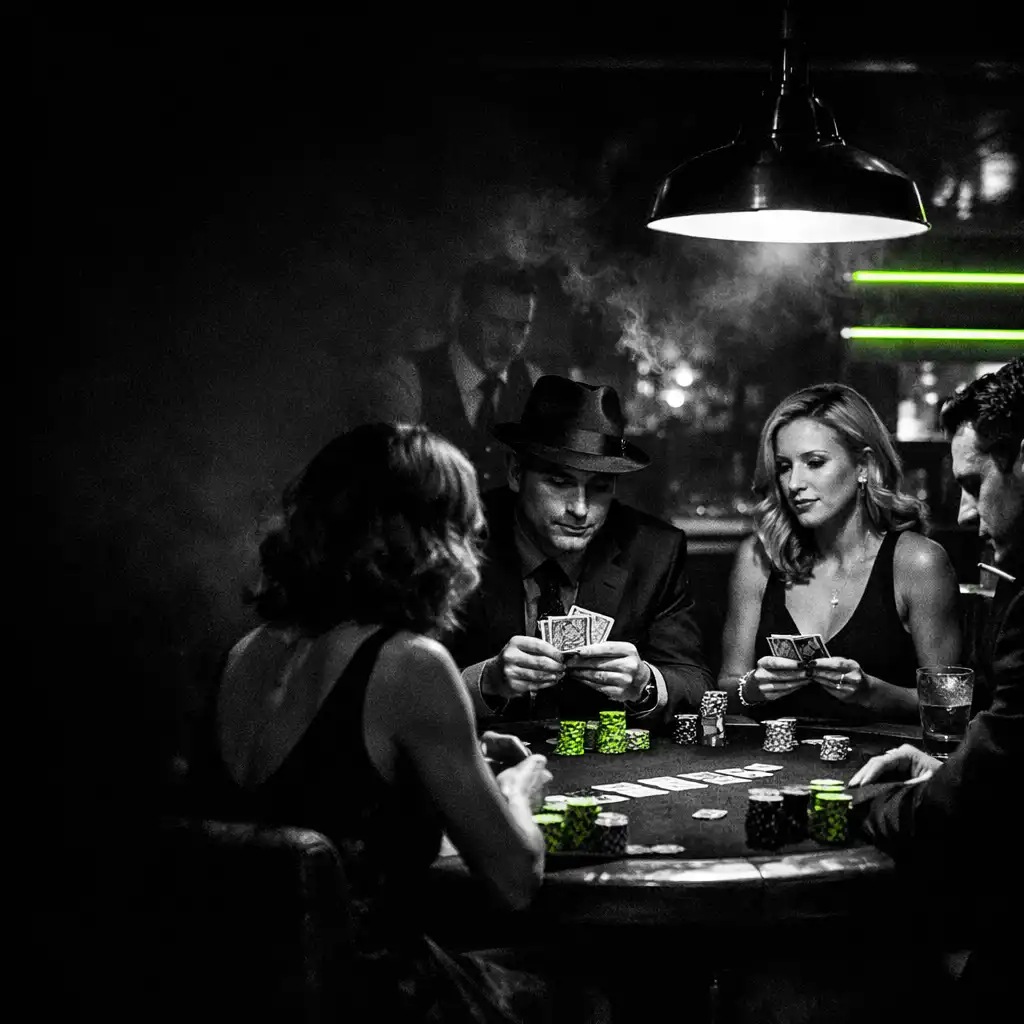 Témavezérelt pókerest hangulatos lounge-ban, játékosokkal és neon fényekkel